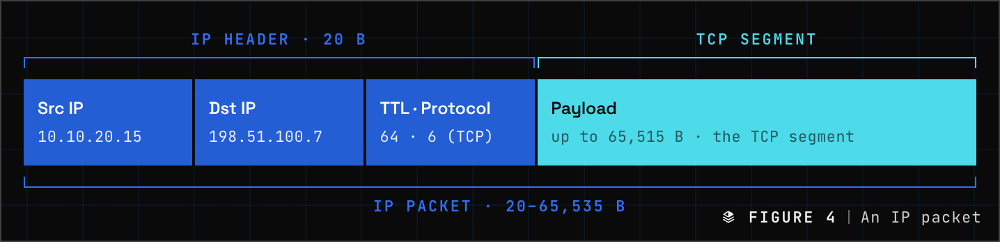 An IPv4 packet: a 20-byte header with source and destination addresses, TTL and protocol, then the TCP segment as payload