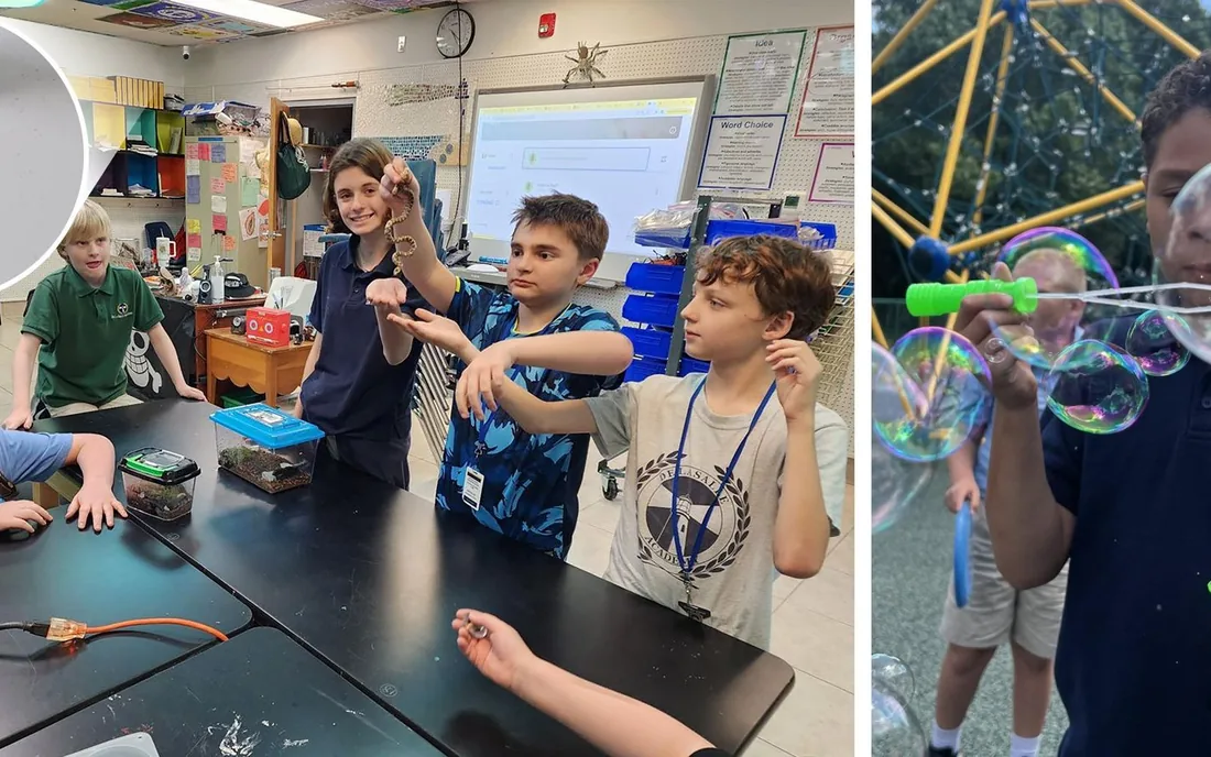 De LaSalle Academy students holding up a classroom project, and a student blowing bubbles on the playground