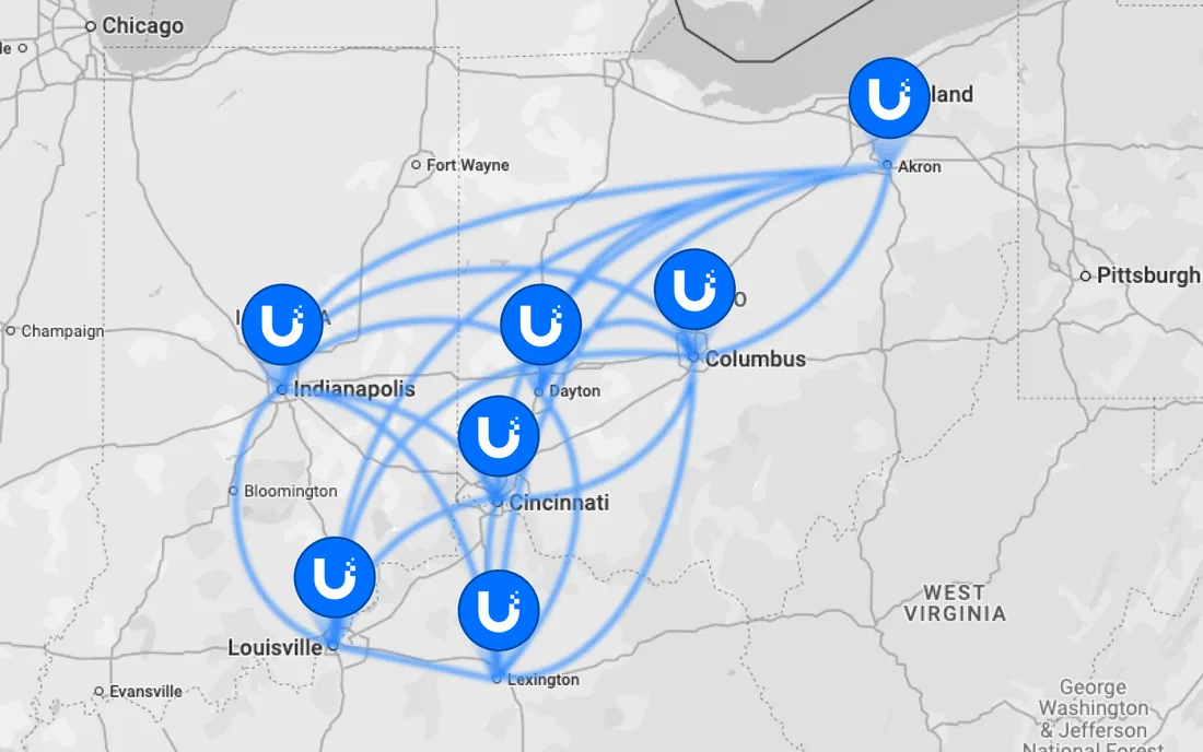 Map of the Suhre & Associates offices across Ohio, Indiana and Kentucky, each joined to the others by UniFi tunnels