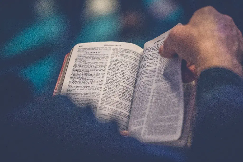 Hands holding an open Bible in low light