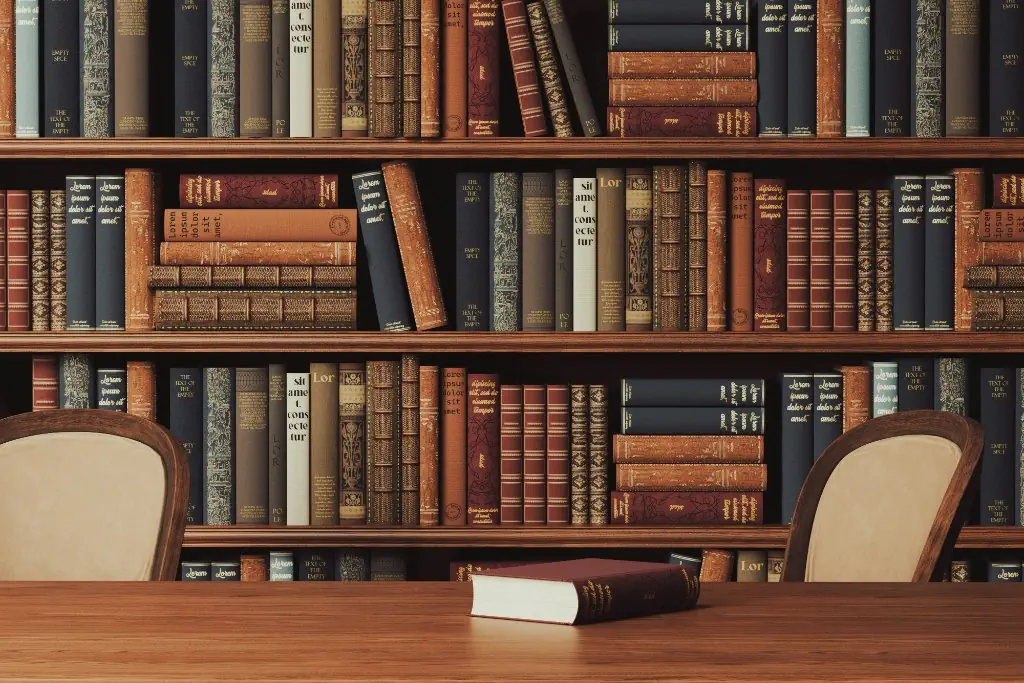 A law library: shelves of bound volumes above a reading table