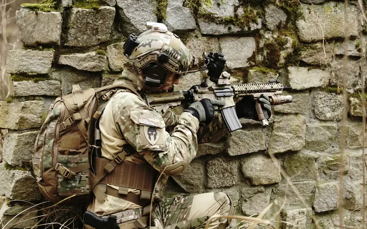 A soldier in field gear aiming from cover behind a stone wall, the setting a defense network supports